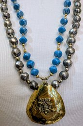 Blue Bead Necklace With Signed Pendant And Satiny Metal Tone Beaded Necklace