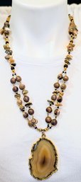 Beaded Natural Stone Necklace With Agate Pendant Set In Gold Filling