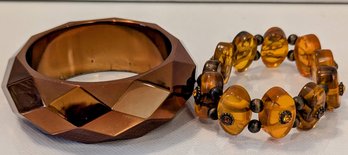 Vintage Metallic Copper Diamond Faceted Bangle With Beaded Lucite Amber Colored Bracelet