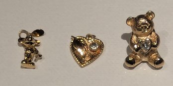 Gold Tone Heart With CZ Stone, Mickey Mouse Charm And Teddy Bear Pin