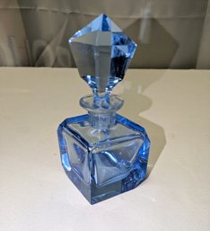 Vintage Art Deco Czech, Ice Blue Art Glass Geometric  Perfume Bottle