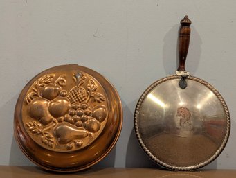 Vintage Antique Silver On Copper Crumb Catcher With Wooden Handle Paired With Tin Lined Copper Food Mold