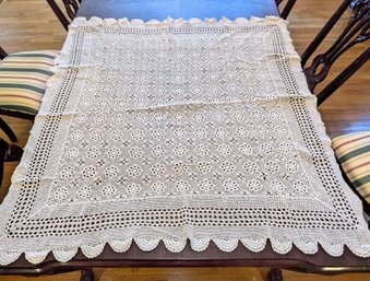 Antique/Vintage Hand Crocheted Square Table Cloth With Scalloped Arch Edge Design