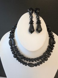 Stunning Jet Crystals & Black Glass Beaded Necklace 30'  By Miriam Haskell And Matching Earrings