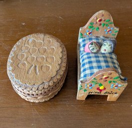 Vintage German 'Stilles Gluck' Miniature Wooden Bed And Dolls Paired With Miniature Lidded Box