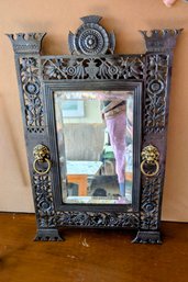 French Antique Repousse Metal Wall Mirror With Brass Lion's Heads With Rings