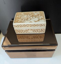 Beautiful Carved Cinnabar Floral Trinket Box Paired With Mirrored Copper Like Jewelry Box By Allure