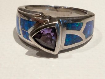 Beautiful Sterling Ring W/ Simulated Amethyst And Opal Size 6