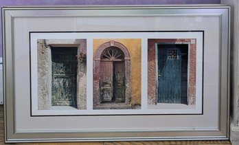 Nice Framed Art Piece Featuring A Triptych Photograph Of Rustic Mediterranean Doors.