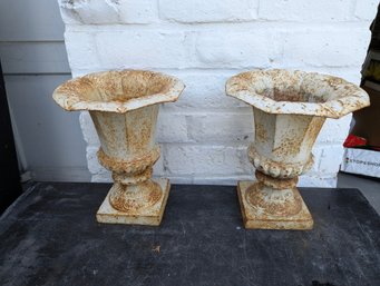 Vintage Beautifully Distressed French Cast Iron Urn Garden Vases