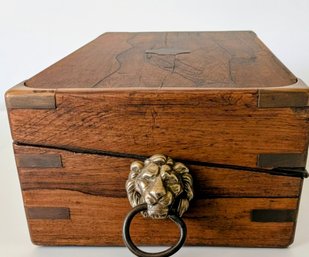 Vintage Solid Wood & Brass Lion Pull Handle Lidded Storage Keepsake Box