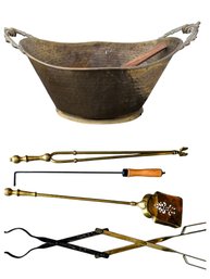 Large Hammered Brass Vessel/ Plant Or Wood Container - Made In India With Vintage Fireplace Tools