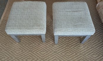 A Pair Of Cushioned Benches With Nail Head Trim And Painted Silver Wooden Legs