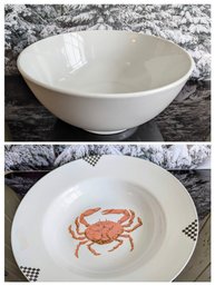 Extra Large White Bowl W/ Large Round Serving Platter With Crab Design