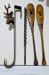 Vintage Adirondack Paddles With Deer Antlers And Rustic Deer Over The Door Hanger