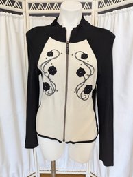 Ivory And Black Zip Up Fitted Knit Jacket With Floral Embroidery By Nils Sportswear
