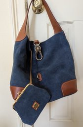 Dooney & Bourke Designer Blue Suede Tote Bag With Matching Coin Purse/Clutch