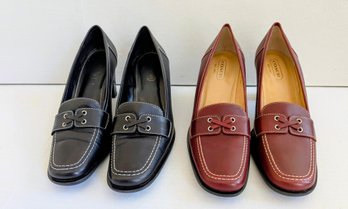 Coach Designer Leather High Heel Loafers In Black And Brown Size 9