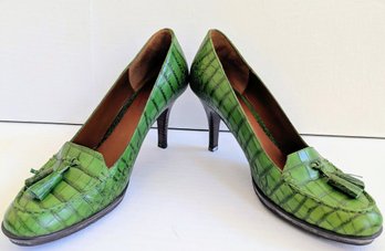 Stylish Green Crocodile Skin By Dani Black, High Heel Loafers Size 8.5