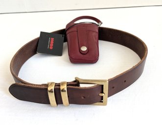 GAP Brown Leather Belt With Gold Tone Buckle And HOBO Red Leather Mini Case