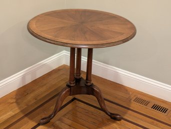 Vintage Baker Walnut Banded Round Three Column Base Occasional Table