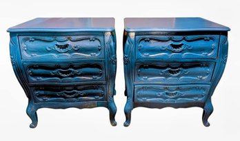 Beautiful Vintage Matching French Bombe Style Dark Blue Teal Commode/Side Tables