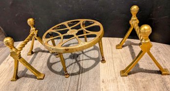 Pair Of Antique Brass Arts & Crafts Fire Dogs, With Antique Trivet/Plant Stand