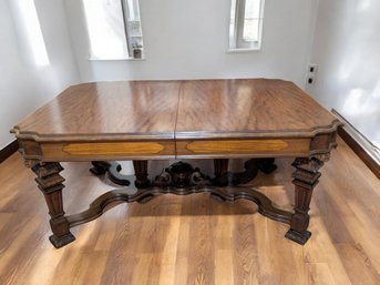 Antique/Vintage Ornately  Carved Walnut Wood Dining Table With Leaf & Glass Top