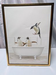'Penguins Playing In Rustic Bath' Framed Canvas Wall Art By Amy Peterson Art Studio