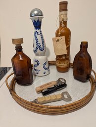 Vintage Bamboo Tray With Bottles And Bottle Openers.