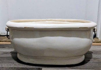 Pottery Barn White Ceramic Glazed Tureen Or  Basin  With Black Metal Rings. Made In Italy