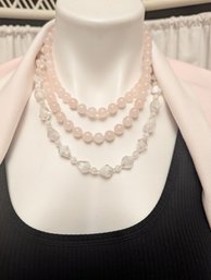 Two Hand Knotted Necklaces, 1 Semiprecious Rose Quartz 32' &24' White Glass BeadedNecklaces
