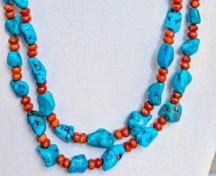 Jay King  Double Strand Of Turquoise And Coral Necklace With Sterling Clasp