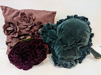 Two Plush Velvet Pillows W/ One Ruffled Plush Decorative Throw Pillow