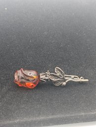 Sterling Amber Flower Pin