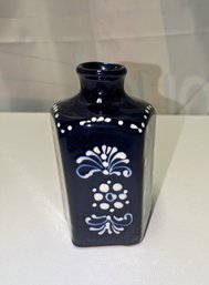 Vintage, Made In Hungary, Glazed White & Blue Studio Pottery Art Vase, Hand Painted