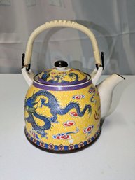 Vintage Porcelain Chinese Jingdezden Dragon Teapot With Strainer Basket Insert