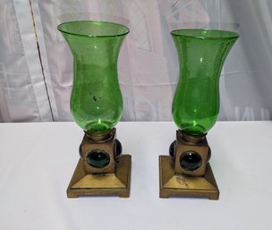 Pair Of Antique/vintage Green Glass Hurricane Candle Holder With A Solid Brass & Green Glass Accented Base