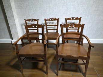 Set Of (5) Vintage MCM Neoclassical Style Fruitwood Dining Chairs