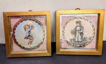 Vintage Regency-Style Lithographs On Mirror-Bordered Glass