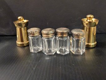 Miniature 6-Piece Table Service Set - Solid Brass Pepper Grinders And Faceted Glass Salt Shaker Made In France