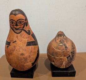 Whimsical Hand Etched Peruvian Folk Art Gourd Figures