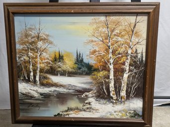 Vintage Framed, Signed, Oil On Canvas, WInter Scene Landscape Painting