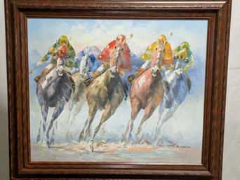 Vintage Framed, Signed, 1990s Equestrian Oil Painting By Anthony Veccio