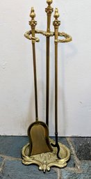 Victorian Antique Brass Fireplace Tool Holder With Shovel And Poker
