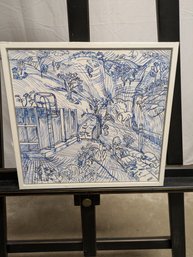 #16- Vintage Framed & Signed, Blue Ink On Masonite Art, Titled,  'Egypt Hill On Resevoir' By Jard Fitzgerald