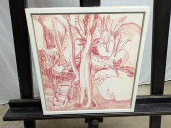 #17- Vtg. Framed & Signed, Ink On Masonite Gesso, Titled,  'Rain Forest On Sage Masonite' By Jard Fitzgerald