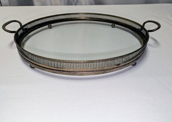 Vintage Brass Metal & Glass Round Double Handle Serving/Vanity Tray