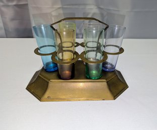 Vintage Mid-Century Brass Tone & Pastel Colored Glasses Cordial Bar Set