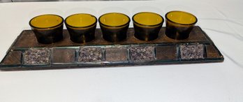 Vintage Decorative 5 Votive Rustic Wood Centerpiece Tray Featuring Amber Glass Votive Candle Holders.